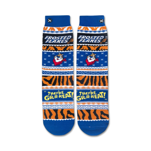 Flat lay product shot of Frosted Flakes crew socks, showing full design detail.