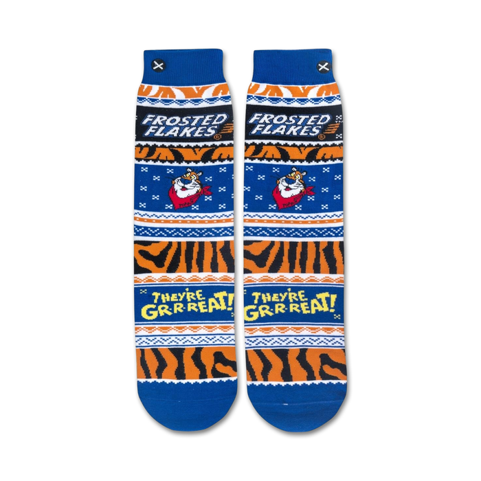 Flat lay product shot of Frosted Flakes crew socks, showing full design detail.