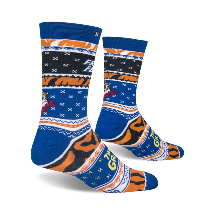 Lifestyle shot of Frosted Flakes socks on a model's feet, highlighting the sock's fit and style.