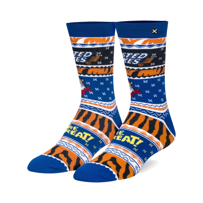 Pair of blue and orange crew socks. Frosted Flakes themed design features Tony the Tiger and 'They're Grrreat!' text.