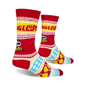 Lifestyle shot of Pringles Ugly Sweater socks, showcasing the full design on a person's feet.