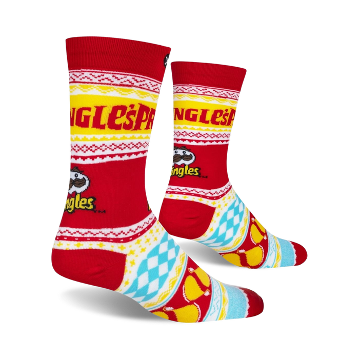 Lifestyle shot of Pringles Ugly Sweater socks, showcasing the full design on a person's feet.