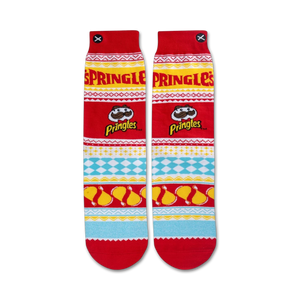 Flat lay product shot of Pringles Ugly Sweater socks, showing the detail and colors of the design.