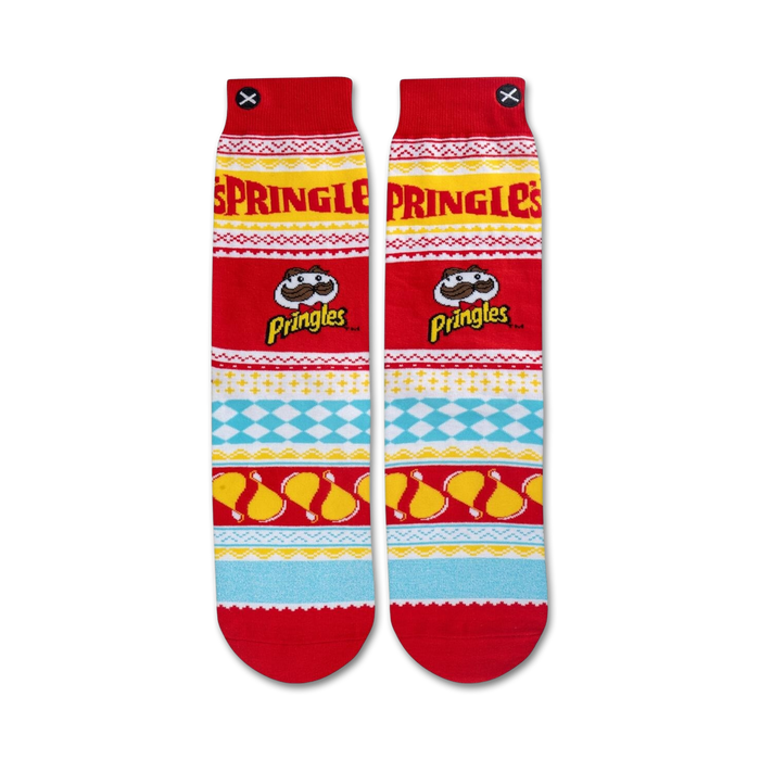 Flat lay product shot of Pringles Ugly Sweater socks, showing the detail and colors of the design.