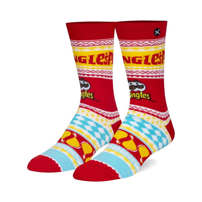 Pair of crew socks in red, yellow, and light blue.  Features a Pringles-themed ugly sweater design with the Pringles logo and mascot.