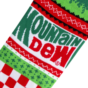 Close-up detail shot of the Mountain Dew Ugly Sweater socks, highlighting the knitted texture and Mountain Dew logo.