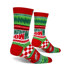 Lifestyle shot of a pair of Mountain Dew Ugly Sweater socks, showing how they look when worn.