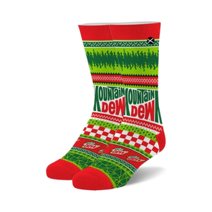 Crew socks in red, green, and white featuring a Mountain Dew Ugly Sweater design.  The socks showcase a checkerboard pattern, festive imagery, and the Mountain Dew logo.