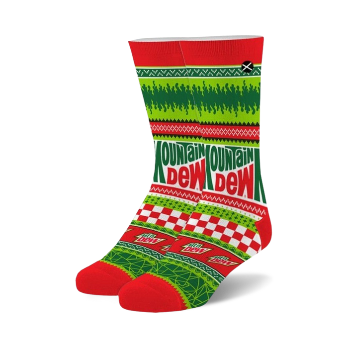 Crew socks in red, green, and white featuring a Mountain Dew Ugly Sweater design.  The socks showcase a checkerboard pattern, festive imagery, and the Mountain Dew logo.