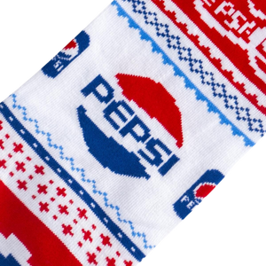 Close-up of the Pepsi Ugly Sweater sock's design, showcasing the detailed Pepsi logos and Fair Isle pattern.