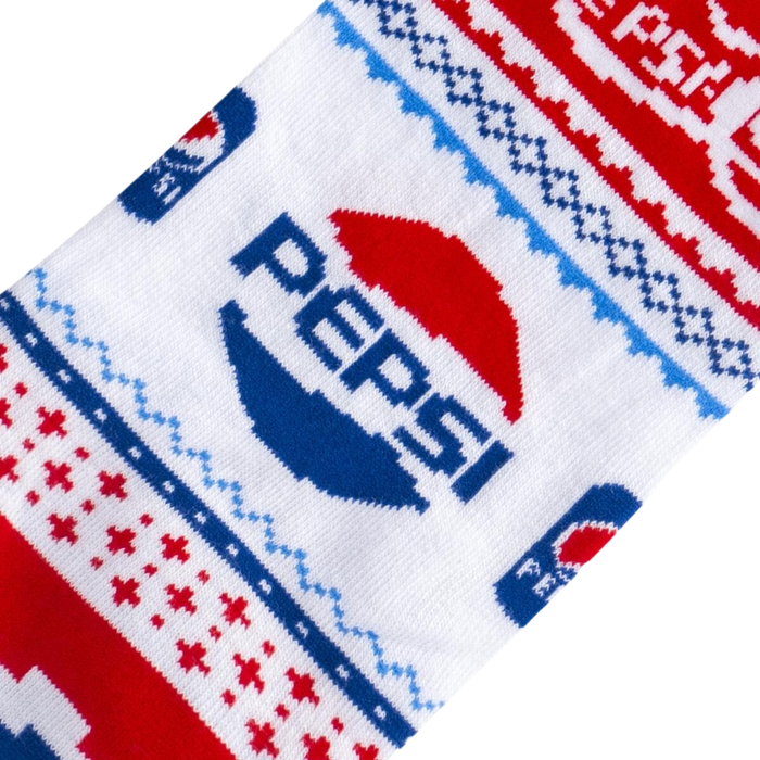 Close-up of the Pepsi Ugly Sweater sock's design, showcasing the detailed Pepsi logos and Fair Isle pattern.