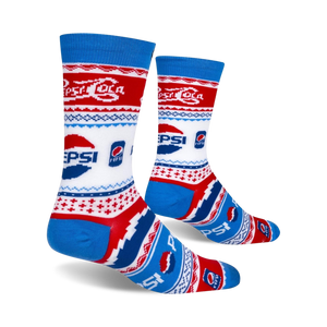 Another view of the Pepsi Ugly Sweater socks, showing the full sock and the bright blue cuff.