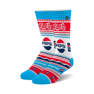 Crew socks in red, white, and blue featuring a Pepsi Ugly Sweater design. The socks have a fair isle pattern and prominent Pepsi logos.