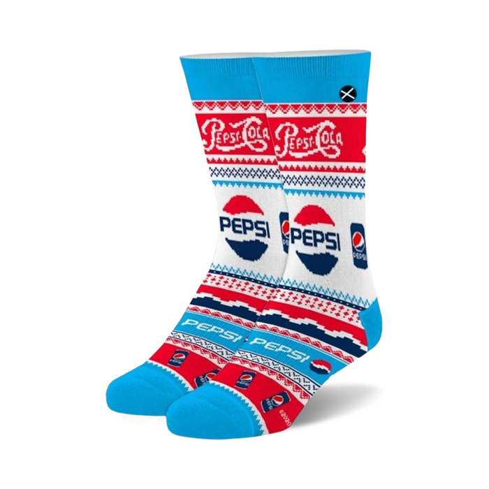 Crew socks in red, white, and blue featuring a Pepsi Ugly Sweater design. The socks have a fair isle pattern and prominent Pepsi logos.