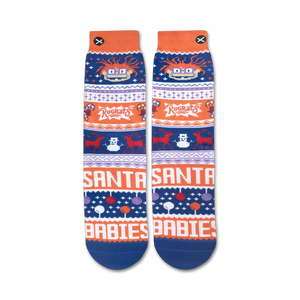 Flat lay product shot of the Chuckie Ugly Sweater socks, showcasing the full design from top to toe.
