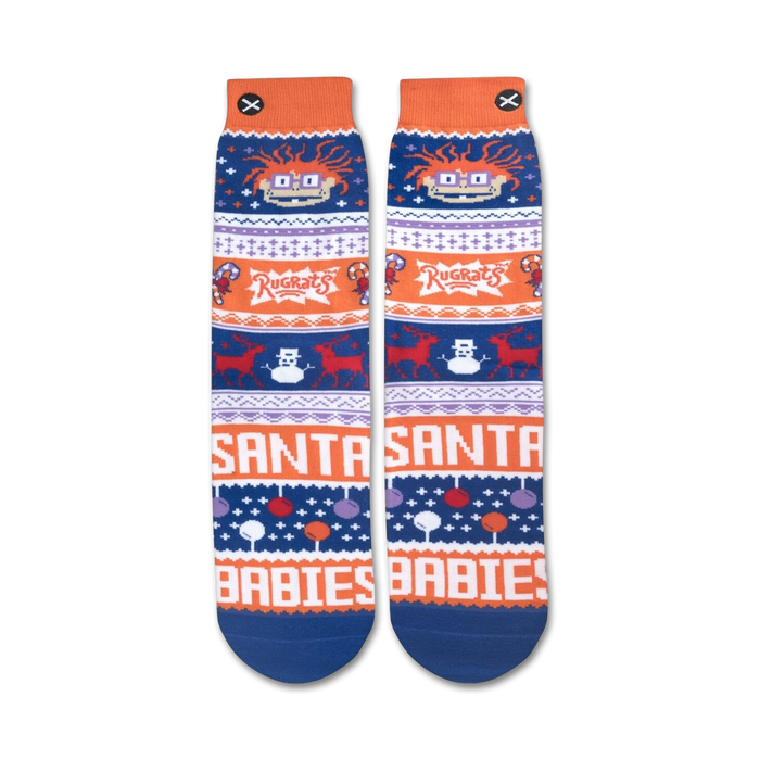 Flat lay product shot of the Chuckie Ugly Sweater socks, showcasing the full design from top to toe.