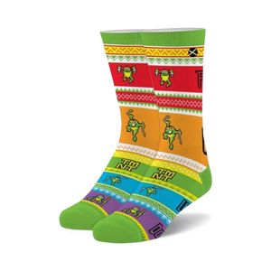 Crew socks in green, red, yellow, and blue feature a pixelated Teenage Mutant Ninja Turtles ugly sweater design.