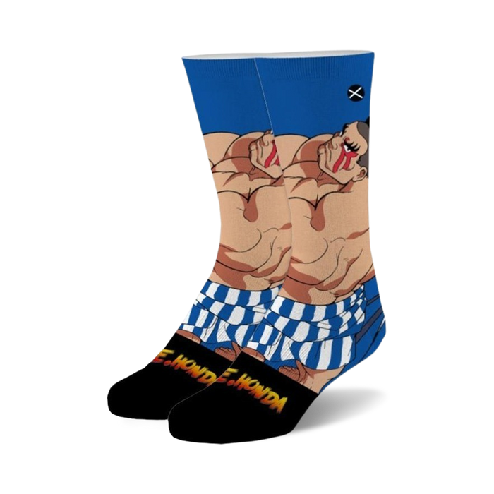 blue socks featuring e honda, sumo wrestler from street fighter 2, in sumo stance, wearing only loincloth; black toe, heel; white stripes on leg.    }}