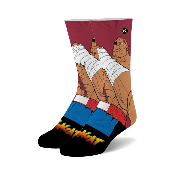 street fighter 2 sagat socks, red/black, crew length, men's/women's, fighting game    }}