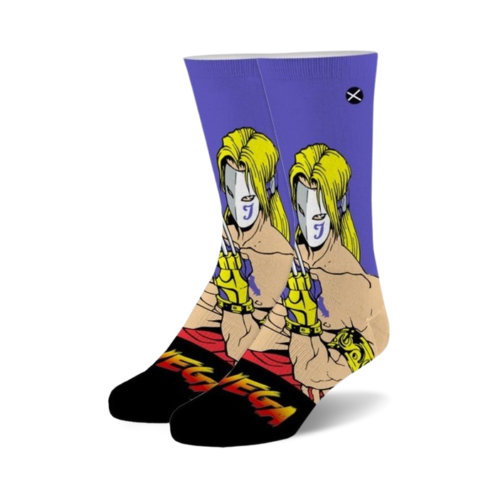 purple and black crew socks featuring vega from street fighter video game series.   }}