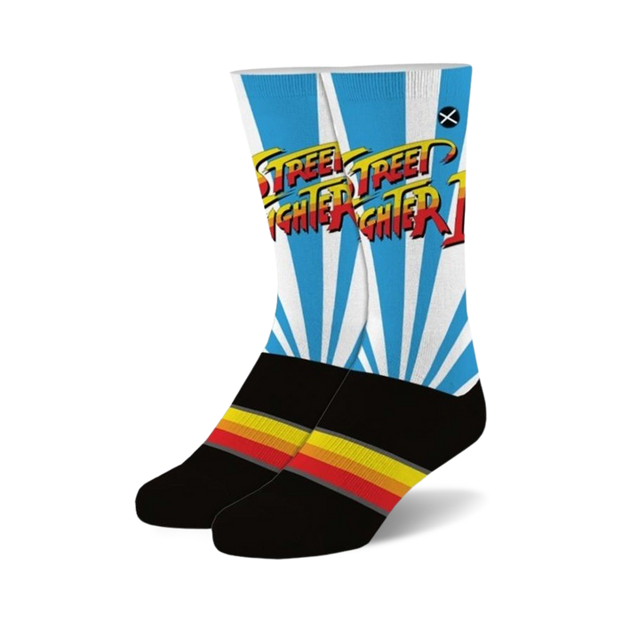 Crew socks in black, white, and blue. The Street Fighter 2 logo is prominently displayed against a sunburst background. }}