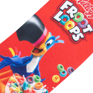 Close-up detail shot of the sock, focusing on Toucan Sam and the Froot Loops cereal print.
