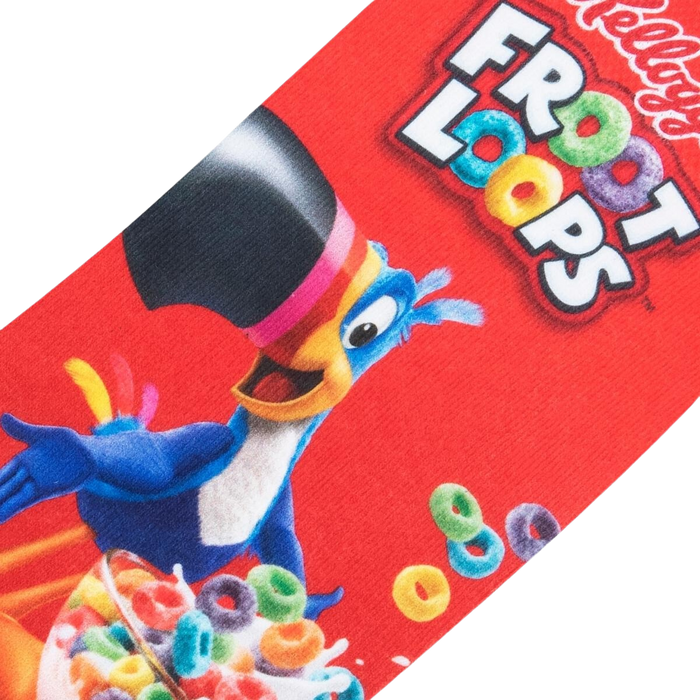 Close-up detail shot of the sock, focusing on Toucan Sam and the Froot Loops cereal print.