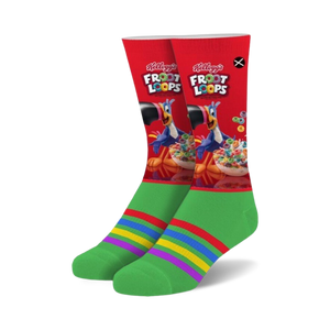 Crew socks featuring a vibrant red Froot Loops design with Toucan Sam, complemented by a green cuff and rainbow stripes.