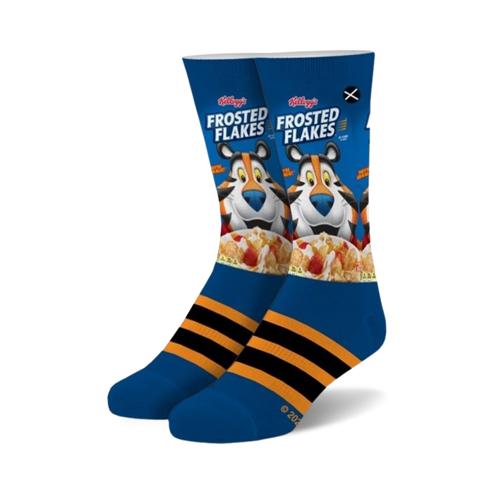 Pair of crew socks, predominantly blue, featuring a Frosted Flakes cereal box design with Tony the Tiger and orange stripes at the ankle.