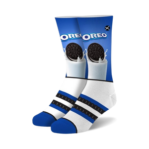 Pair of crew socks in blue, white, and black featuring an Oreo cookie dunked in milk graphic.