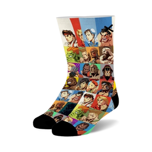 unisex street fighter 2 select your fighter crew socks with colorful character grid pattern.