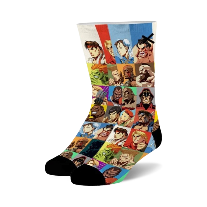 unisex street fighter 2 select your fighter crew socks with colorful character grid pattern.