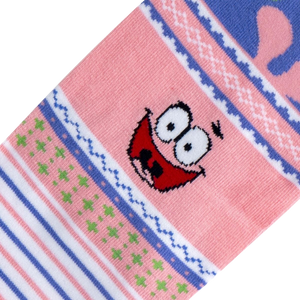 Close-up of the Patrick Star face detail on the pink section of the sock.  Shows the intricate embroidery.
