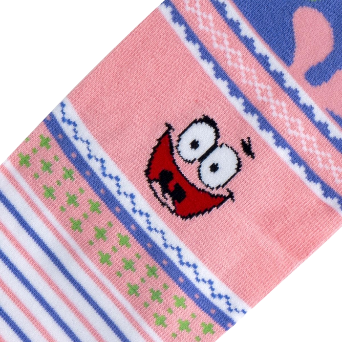 Close-up of the Patrick Star face detail on the pink section of the sock.  Shows the intricate embroidery.