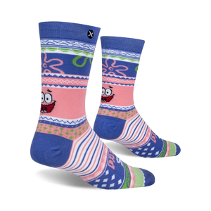 A pair of blue, pink, and white socks with a cartoon character from Spongebob Squarepants on them.