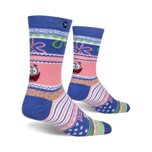 Lifestyle shot showing the Patrick Star Ugly Sweater socks on a person's feet.  Socks are shown from the side.