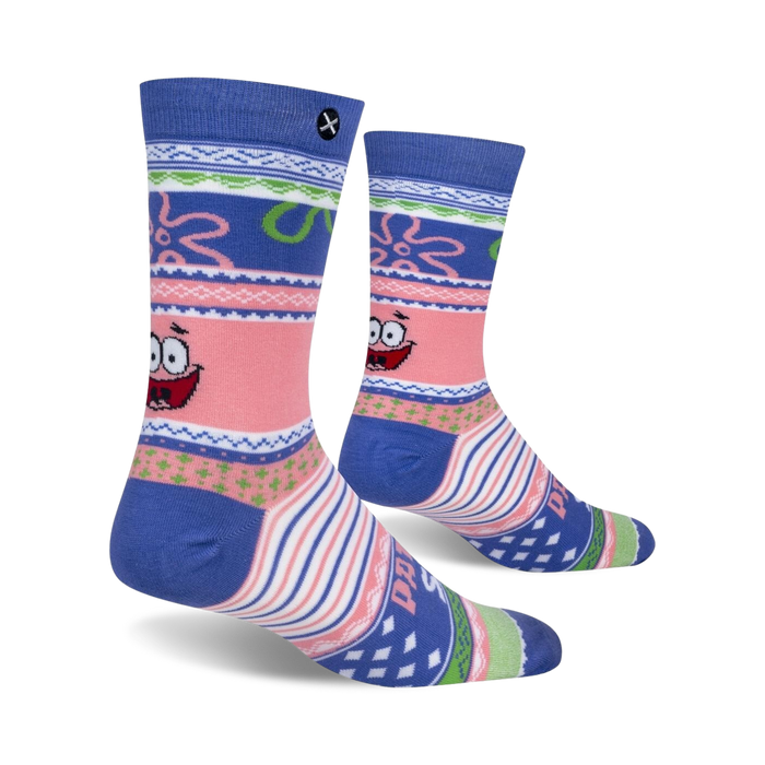Lifestyle shot showing the Patrick Star Ugly Sweater socks on a person's feet.  Socks are shown from the side.