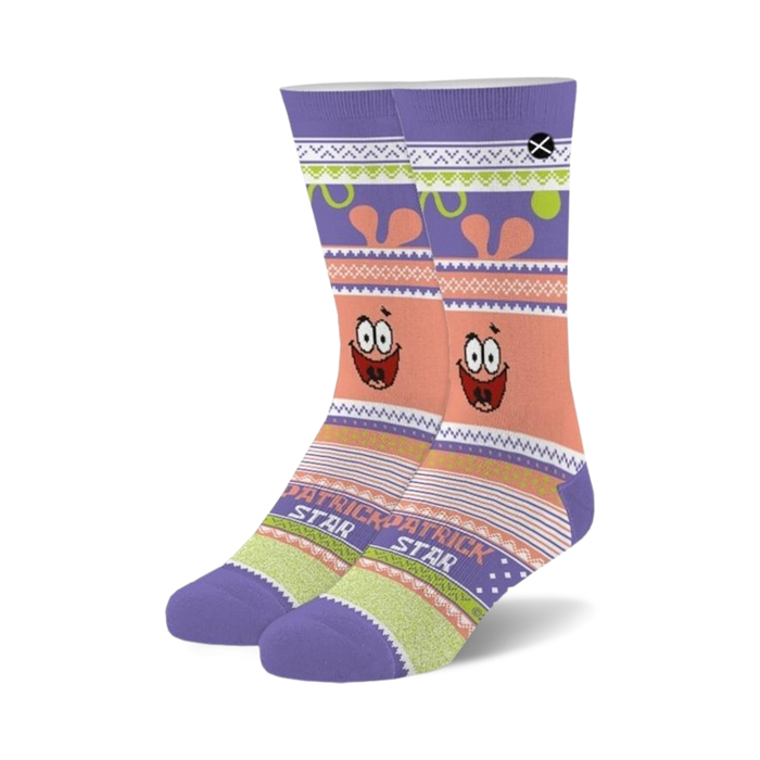 Pair of crew socks in purple, pink, and white featuring a Patrick Star 'ugly sweater' design.  Fair isle-style pattern includes Patrick's face.