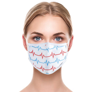 White cloth face mask with a red and blue EKG pattern and white adjustable ear loops, modeled by a young woman with brown hair and blue eyes.