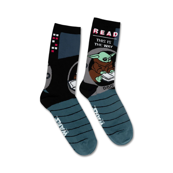A pair of crew socks showcasing Grogu reading a book. The socks are predominantly black and teal, with a Star Wars logo. }}