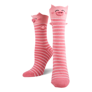 Pair of pink and white striped knee-high socks with 3D pig faces, ears, and snouts on the cuffs.