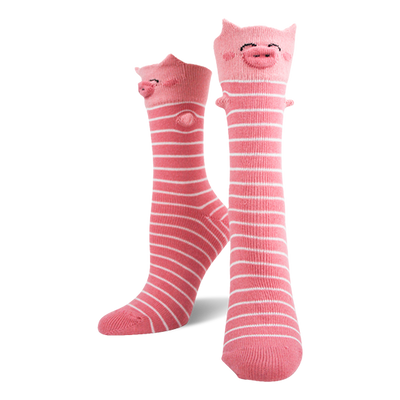 Pair of pink and white striped knee-high socks with 3D pig faces, ears, and snouts on the cuffs.