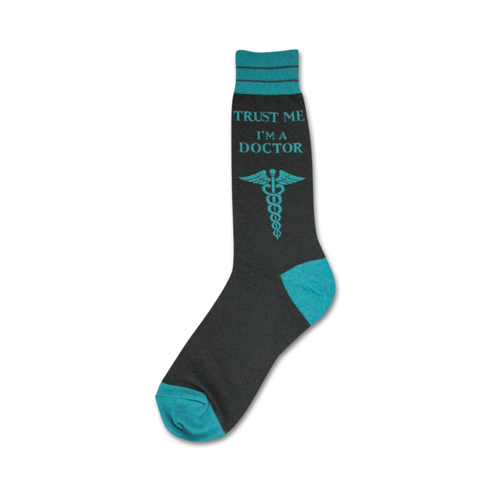 Dark grey crew socks with a teal caduceus and the text 'Trust me, I'm a doctor'. Teal accents on the cuff and toe. }}