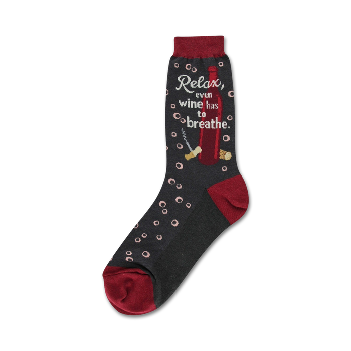 black and red crew socks with a pattern of corkscrews and corks provide a stylish wink to your favorite beverage.     }}