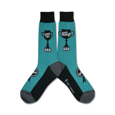 Pair of teal and black crew socks.  One sock reads 'Very OK' and the other 'Good Enough', both displayed on a trophy graphic above three stars.