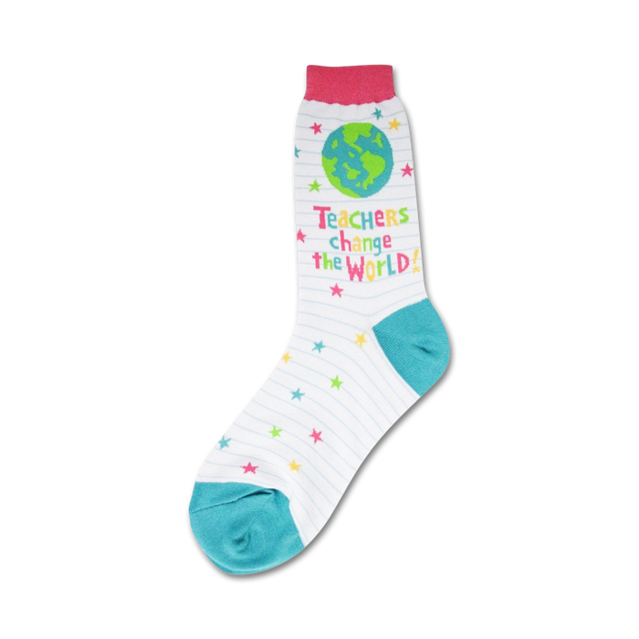 Crew socks in white with teal and pink accents. The design includes notebook lines, colorful stars, a small globe, and the text 'Teachers change the world!' }}