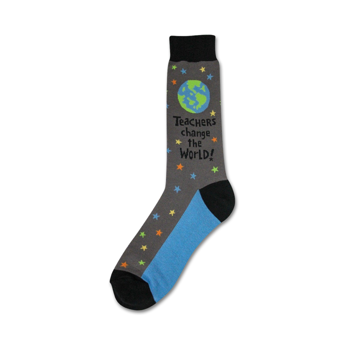 teachers change the world socks: gray crew socks with blue toes and heels, multicolored stars, and 
