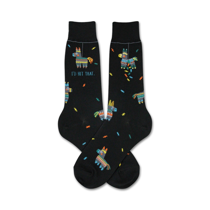 A pair of black crew socks with colorful piñata donkey designs and the text 'I'd Hit That'. }}