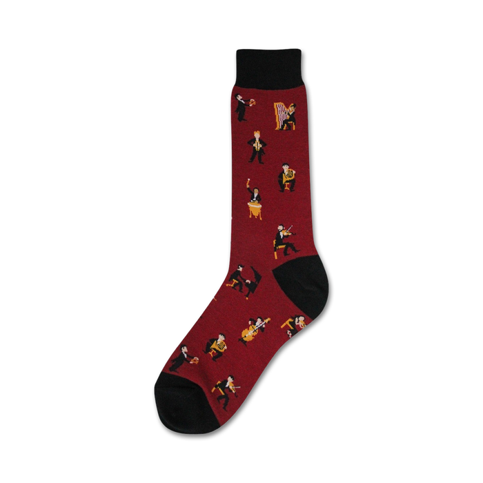 red crew socks with cartoon musicians playing instruments.   }}