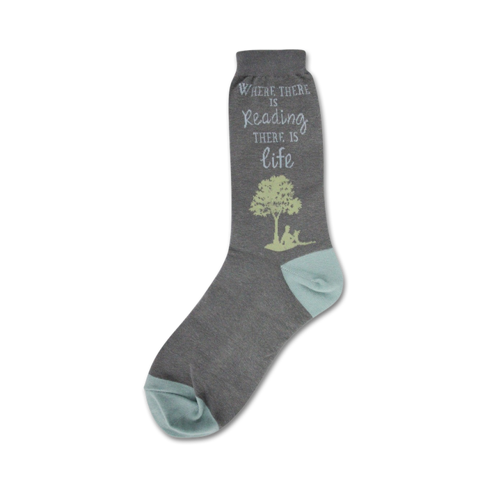 womens reading novelty sock. blue sock with 